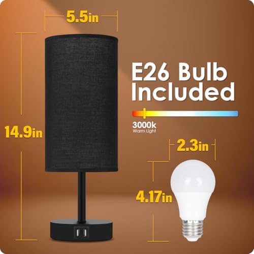 Yarra-Decor Bedside Lamp with USB Port - Touch Control Table Lamp for Bedroom 3 Way Dimmable Nightstand Lamp with Round Black Fabric Shade for Living Room, Dorm, Home Office (LED Bulb Included) - Image 6