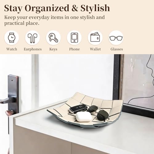 MSJGA Valet Tray PU Leather Key Holder Bowl for Women and Men Entryway Table Nightstand Desk Tray for Wallet, Keys Men's Gift - Beige & Gray, 9.8" L x 9.8" W x 2" H - Image 3
