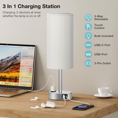 Fenmzee Grey Bedside Lamp for Bedroom, Dimmable Touch, USB A+C, AC Outlet - Image 3