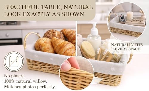 Scalloped Natural Rattan Storage Basket with Removable Cotton Lining, Leather Handles for Home, Kitchen, Bathroom Organization - Image 2