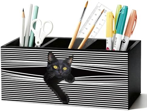 Funny Black Cat Pen Pencil Holder for Desk, Black Cat Mom Lady Lovers Gifts for Women, Pet Lover Gifts Wooden Box Sign Decorations for Home Office Desk Tabletop by Unknown