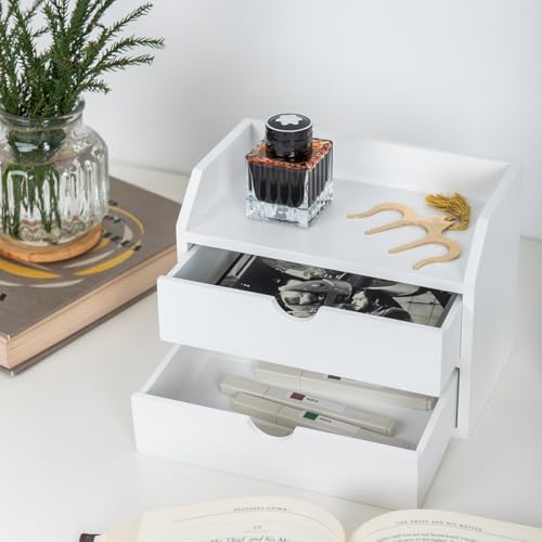 ZGZD Wooden Organizer Mini Desk Drawer Tabletop Office Supplies Desk Accessories for Office or Home White (2 Drawers) - Image 3