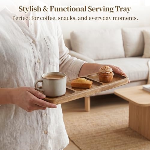 Small Wooden Tray | Acacia Wood Tray for Vanity, Bathroom Counter, Coffee Table & Toilet | Perfect for Jewelry, Key & Catch All | Mini Charcuterie Board Serving Platter (Rectangular 3-Compartment) - Image 4
