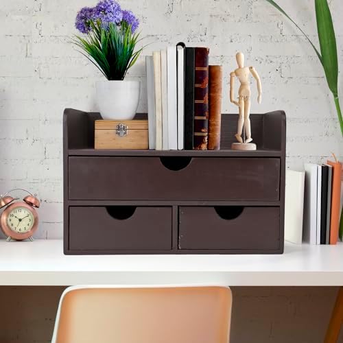 Besti Wooden Office Desk Organizer - Organizing Tool for Desktop, Cubicle, Bedroom, Kitchen - Vintage Style Organization Caddy with Top Tray Shelf & 3 Drawers - 13.6x9x7 Inches (Dark Brown) - Image 2