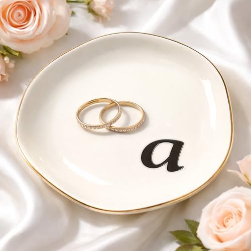 Initial Ring Dish - White Ceramic Jewelry Tray for Nightstand & Sink, Anti-Loss Trinket Organizer, Meaningful Engagement or Birthday Gift for Women, Sister, Friends (Letter A) by Unknown