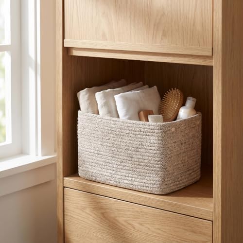 R RUNKA Small Cotton Rope Basket – Storage Bin for Organizing (10.6" x 6.7" x 6.7"), Bathroom Storage Basket for Shelf, Counter & Closet（Beige） - Image 3