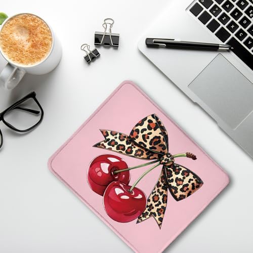 Girly Leopard Bow Cherry Mouse Pad, Trendy Funky Preppy Pink Cherry Bow Aesthetic Mouse Pads Mousepad for Work Gaming Computers Laptop Desk Accessories, 9.5x7.9 Inch - Image 4