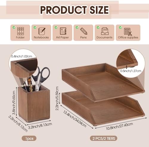 Nuanchu 2 Pcs Wooden Letter Trays with Pen Holder Wood Desk Organizer Set Heavy Duty 2 Tier Brown Stackable Supports Letter-Size Paper Tray Desktop Drawer Pen Magazine File Folder Office Accessories - Image 3