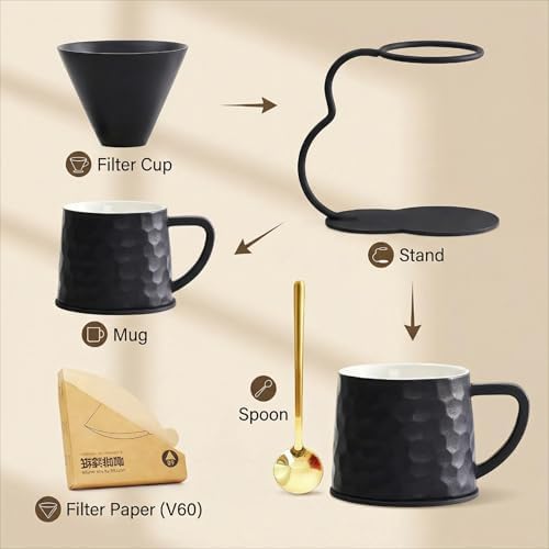 Pour Over Coffee Maker set,Ceramic Coffee Maker With V60 40 pcs Paper Filter，Metal Stand 9oz 270ml mug Pour Over Coffee Dripper Black - Image 4