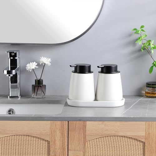 2 Pack White Round Soap Dispenser Tray - 8'' Ceramic Vanity Tray & Organizer Plate Set, Bathroom & Kitchen Countertop Decor for Soap Dispenser, Jewelry, Cosmetics, Sink - Image 5