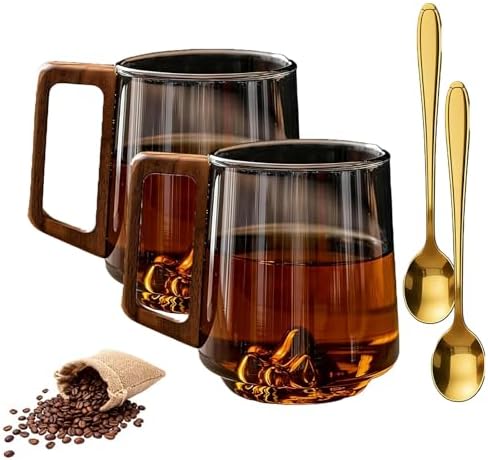 Gray Glass Slanted Coffee Cups with Wooden Handle, 15.2oz Wonder Mountain Bottom Wood Handle Cup, Hot & Cold Drinks Vintage Style Wood Handle Mug for Coffee& Tea Lovers(Brown,2pcs) by Unknown