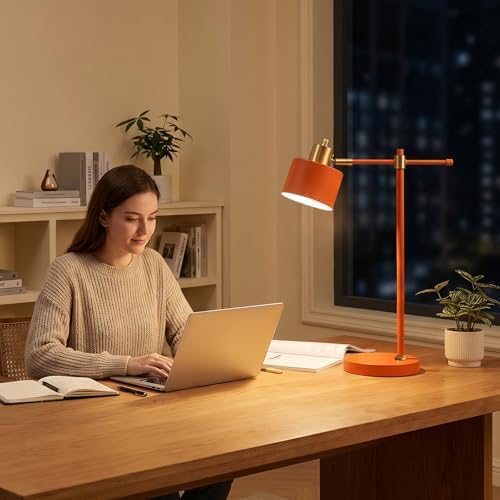OYEARS 22.2" Modern Desk Lamp, Metal Table Lamp with LED Bulb, Adjustable Reading Lamps for Living Room, Mid Century Task Lamp for Home Office, Industrial Bedside Lamps with Solid Base, Orange - Image 6