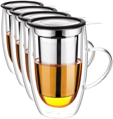 Baalaka Tea Infuser Mug, 16 fl oz Double-Wall Glass for Loose Leaf Tea (Pack of 4) by Baalaka