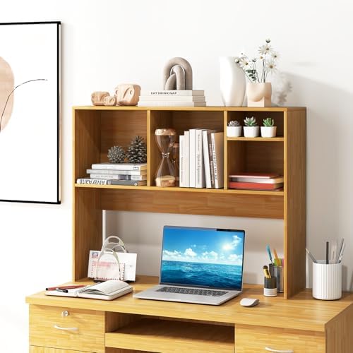 Giantex Desktop Bookshelf, Countertop Storage Hutch with 4 Shelves for Computer Desk, Dressing Tabletop Display Rack, Multipurpose Desk Hutch Storage Organizer for Home Office Dorm (Burlywood) - Image 2