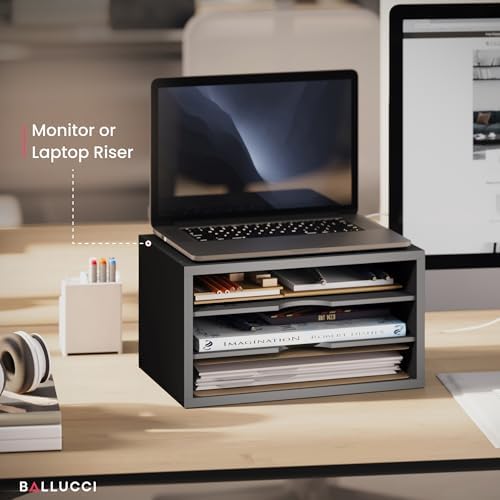 Ballucci File Organizer, 3-Tier Document Paper Sorter, Stackable Wood Desk Organizer, Mail Sorter and Monitor Stand with Storage Shelves, Black - Image 4