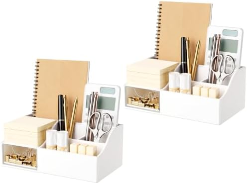 HBlife Acrylic Desk Organizer with Drawer, Pen & Pencil Holder, Multifunctional Desktop Caddy for Office Supply and Organization (White, 2 Pack) by HBlife