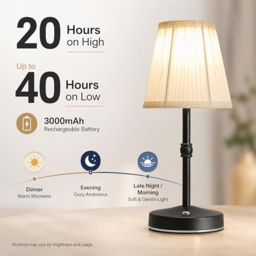 3000mah Battery Powered Lamp for Home,Small Cordless Lamps Rechargeable,3 Color Temperature 5W LED Touch Lamp Battery Operated Table Lights,Wireless Lamps for Tables,Kitchen,Living Room (Black,H11”) - Image 3