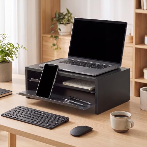 Fenge 14.3-Inch Monitor Stand with Slide-Out Trays, Wood & Metal Desk Shelf - Image 2
