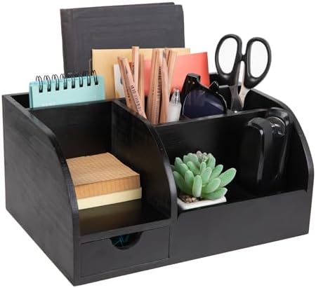 Office Desk Drawer Supply Organizer and Accessories, Wood Desk Organizer with 6 Compartments & 1 Drawer Binders Folder Papers Holder Pen Holder Office Desktop File Organizer (black) by VERGOODR