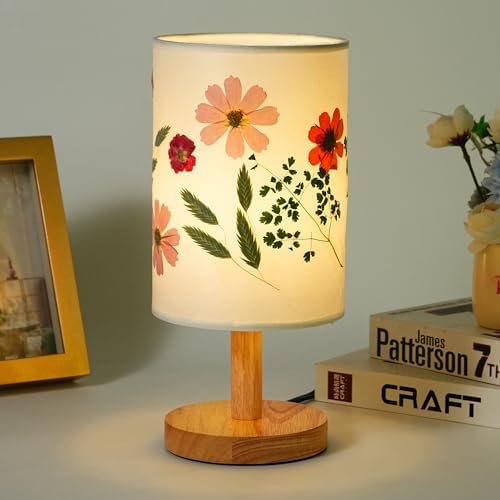 Decorative Table Lamp with Floral Shade Design, Wooden Base, Fabric Lampshade, Ambient Lighting for Bedroom, Living Room (White) by Unknown