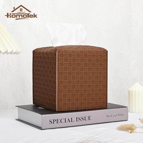 HOMOTEK 2 Pack Tissue Box Cover, Square PU Leather Tissue Holder, Decorative Facial Tissue Cube Paper Organizer Dispenser for Bathroom, Night Stands, Desk, Car 5X5X5'' - Rattan Weave,Chocolate - Image 4