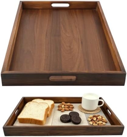 Acacia Wood Serving Tray with Handles, 17"x12" Large Rectangular Decorative Wooden Tray, Coffee Table Tray for Breakfast, Drinks, Snacks in Bed, Decorative Wooden Tray for Home by Unknown