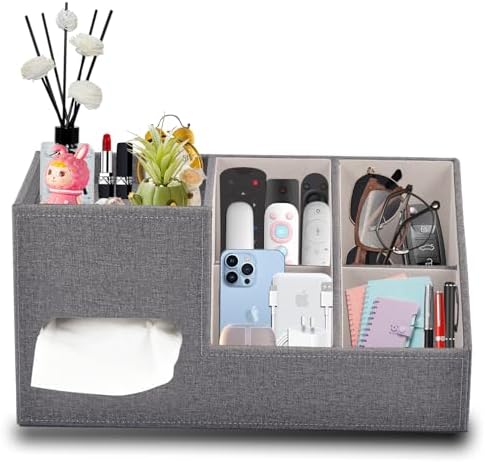 Plus Size Tissue Box Cover-Square Linen Tissue Cover with Side Storage and Tray,Modern Makeup Organizer,Leather Tissue Holder Decorative Cube Organizer for Living Room Vanity NightStand Office,Grey by XNONE