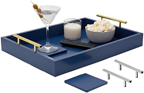 Juvale Coffee Table Tray - 15.7 x 11.8 x 3 in, Blue, Rustic Wood - Serving Tray with Interchangeable Gold & Silver Handles for Coffee Table Decor & Ottoman Use with 2 Coasters by Juvale