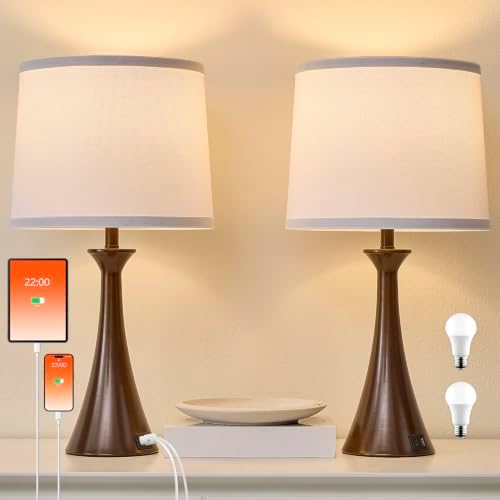 Touch Table Lamps Set of 2, 21" Bedside Lamps with USB C+A, Brown by Hikczc