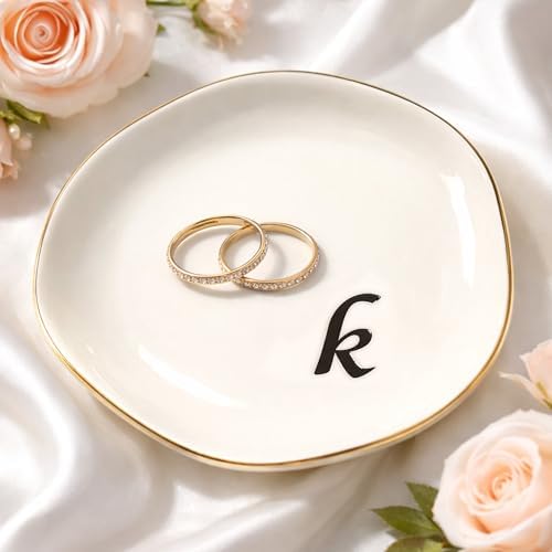 Initial Ring Dish - White Ceramic Jewelry Tray for Nightstand & Sink, Anti-Loss Trinket Organizer, Meaningful Engagement or Birthday Gift for Women, Sister, Friends (Letter K) by Unknown