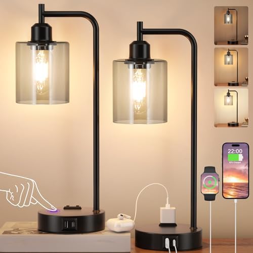Innqoo Industrial Touch Bedroom Lamps for Bedrooms Set of 2-3-Way Dimmable Table Lamps with USB C+A Ports and Outlet, Bedside Lamps with Gray Glass Shade for Living Room, Desk Lamps for Home Office - Image 2