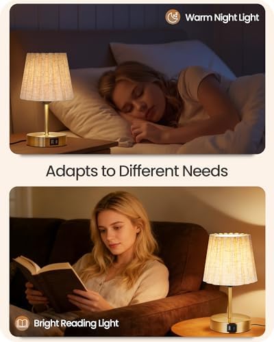 Small Bedside Table Lamp, Touch Dimmable Table Lamp with USB Ports, Nightstand Lamp with a Stepless Dimming LED Bulb, E26 Base, for Bedroom, Study, Desk, Gold and Beige DE16TL05 - Image 4