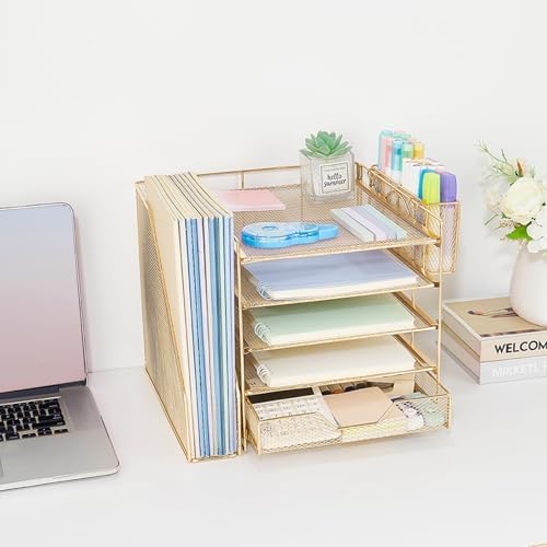 5-Tier Desk File Organizer with Drawer & Pen Holder (Gold) - Image 6