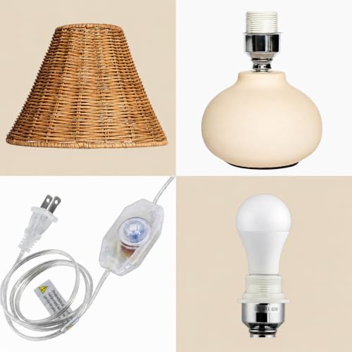11" Small Table Lamp – Handmade Ceramic Cream Base with Wicker Rattan Shade, Dimmable Plug-in Nightstand Light for Bedroom, Kitchen Counter, or Small Spaces – Boho Japandi Organic Decor - Image 6