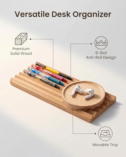Beech Wood Desk Organizer, 6-Slot Pen Holder with Detachable Round Tray, Wooden Stationery Storage for Pens, Pencils, Office Supplies, Desk Accessories for Home Office, Minimalist Desk Decor - Image 5