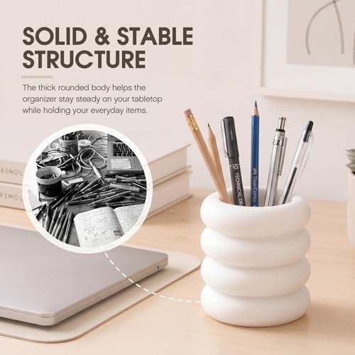 Aesthetic Desk Organizer Boho Pen Holder Modern Pencil Holder Beige Plastic Makeup Brush Organizer for Office Desk Accessories Stylish Home Office Art Decor Supplies(Wavy) - Image 6