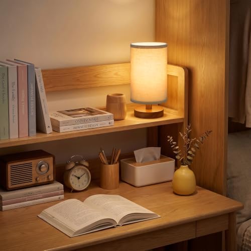 Fenmzee 8.5" Small Table Lamp for Bedroom - Beige Shade & Walnut Base - Image 2