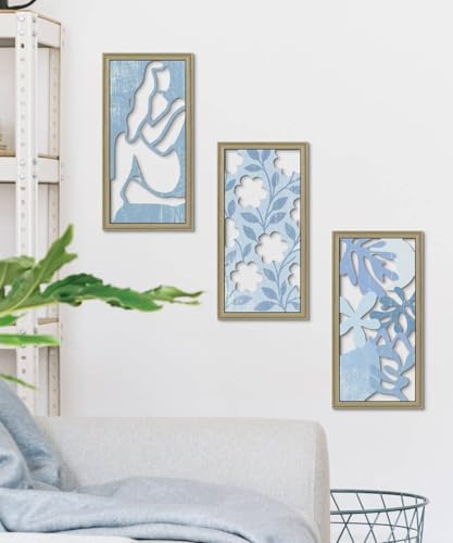 Putuo Decor Boho Floral Wall Art, Minimalist Blue Flower Botanical Wooden Wall Decor with Women Figure Patterns, Modern Aesthetic Print Art for Bedroom Bathroom Living Room Office Set of 3 - Image 5