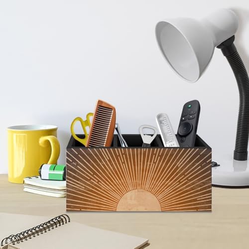 Vintage Boho Sun Wooden Pen Pencil Holder for Desk Accessories, Boho Office Decor, Retro Mid Century Modern Sunshine Wood Makeup Brush Toothbrush Holder Organizer for Vanity Bathroom - Image 5