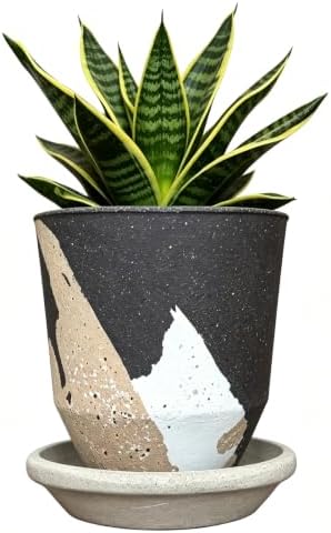 5.1 Inch Ceramic Planter Pot with Drainage Hole and Saucer, Rustic Round Flower Pot for Indoor Succulent Plants, Home Office Desk Decor(Brown&White) by DecoVlog