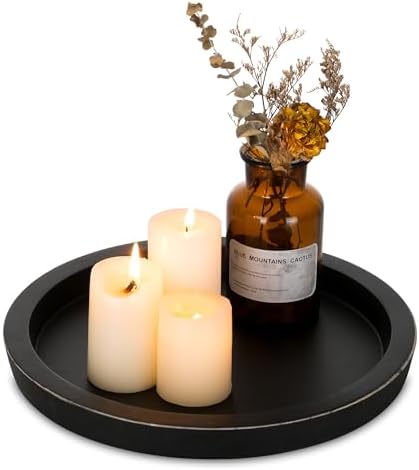 Hanobe Round Wood Candle Holder Tray, Black Coffee Table Centerpiece Decor by Hanobe