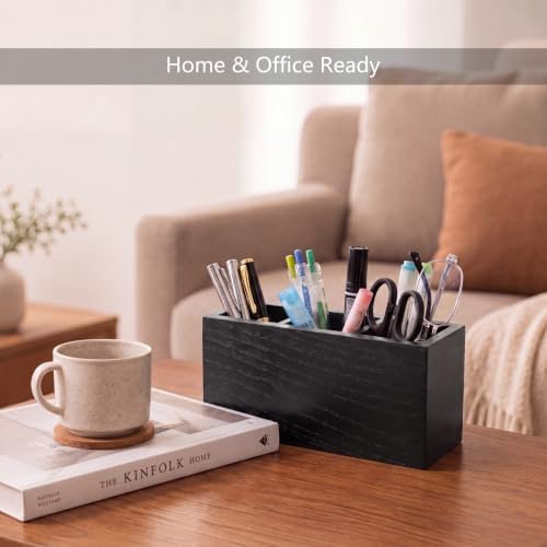 Wood Pen Holder for Desk with 3 Slots (Ash Black) - Image 4
