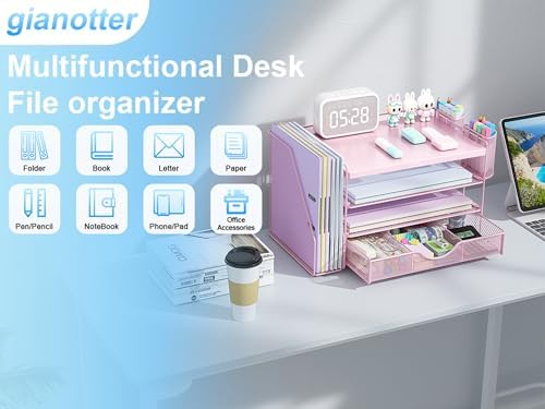 gianotter Wood Desk Organizers and Accessories with File Holder, 4-Tier Desk Accessories & Workspace Organizers with Drawer and 2 Pen Holder, Desk Reference Organizer (Pink, 4T with Metal Drawer) - Image 3