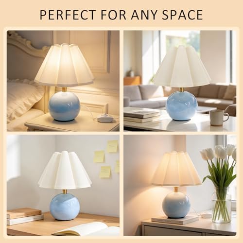 Small Bedside Table Lamp, 11.8'' Ceramic Stepless Dimmable Lamp (Blue) - Image 5