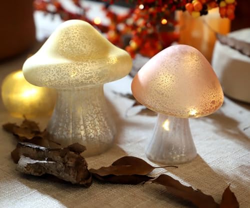 Glass Small Mushroom Table Lamp - Mushroom Night Light Battery Operated Warm Amber Glow Cute Bedside Lamp for Kids & Adults Mushroom Gifts Portable Cute Mushroom Decor for Bedroom - Image 2