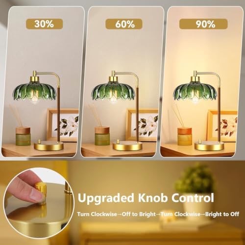 ILLMTW Vintage Table Lamp for Bedroom Living Room,Small Bedside Lamps Dimmable Bedroom Lamp with Glass Green Flower LampShade,Mid Century Modern Mini Nightstand Lamp Gold Boho Side Table Lamp - Image 2