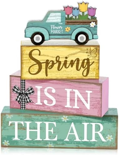 Moucuny 4 Pcs Spring Wooden Block Signs Farmhouse Table Centerpiece by Moucuny
