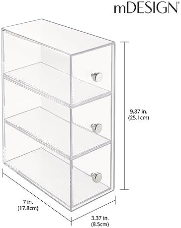 mDesign Plastic Kitchen Pantry Stackable Storage Organizer Container Station with 3 Drawers for Cabinet, Countertop, Holds Coffee, Tea, Sugar Packets, Creamers - Lumiere Collection - Clear - Image 3