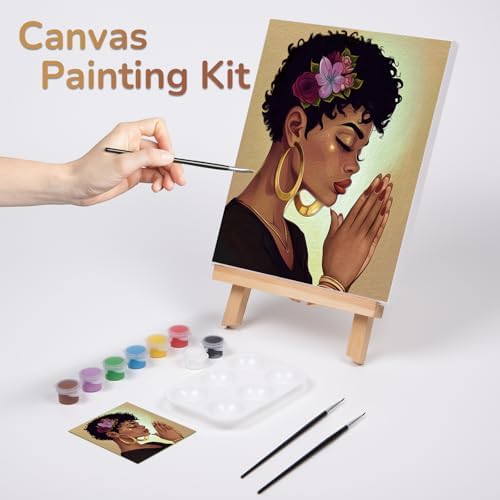 VOCHIC Canvas Painting Kit Pre Drawn Canvas for Painting for Adults Paint and Sip Party Supplies Art Set Afro Pray Woman 8x10 Inches - Image 3