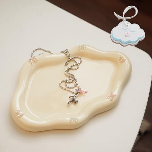 Jewelry Dish Trinket Tray for Women, Ring Dish Holder, Unique Cloud Shape Ceramic Plate Cute Things Vanity Aesthetic Room Decor Mother's Day Birthday (Bow Cream) by MDFayeHome